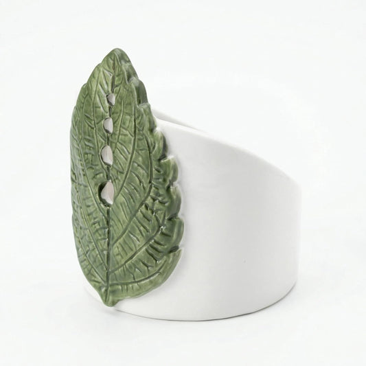 Ceramic Leaf Herb Stripper Bowl - Realistic Leaf Shaped Pottery with 4 Sized Vein Holes, Decorative Green Kitchen Tool for Stripping Thyme, Rosemary & Herbs