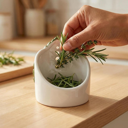 Ceramic Leaf Herb Stripper Bowl - Realistic Leaf Shaped Pottery with 4 Sized Vein Holes, Decorative Green Kitchen Tool for Stripping Thyme, Rosemary & Herbs