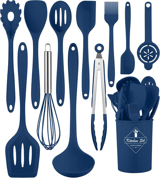 Blue Kitchen Utensils Set-12 Pieces Silicone Cooking Utensils Set | Dishwasher Safe 392°F Heat Resistant Spatula Set Kitchen Utensil Set for Nonstick Cookware,Best Kitchen Tools with Holder