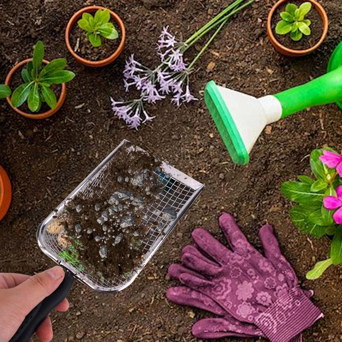 2 Pcs Gardening Soil Sifter, Handheld Shovel, Garden Sieve with Handle