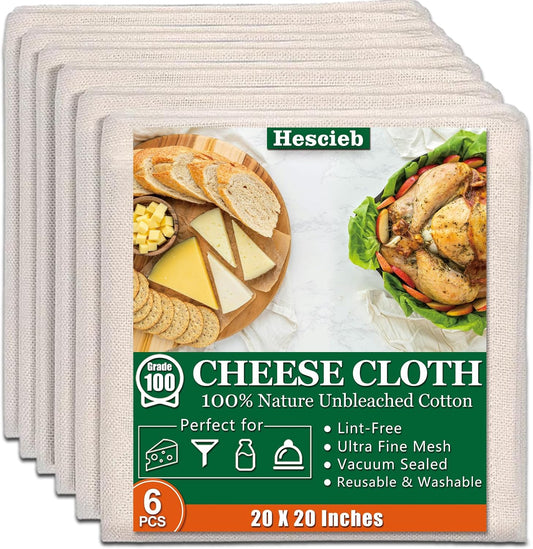 6 Pcs Cheese Cloths, 20x20 Inch, 100% Unbleached Cotton, Grade 100 Reusable Cheese Cloth With Fabric Fine Mesh Cloth, Reusable Muslin Cheesecloth for Straining, Juicing, Cooking, Baking