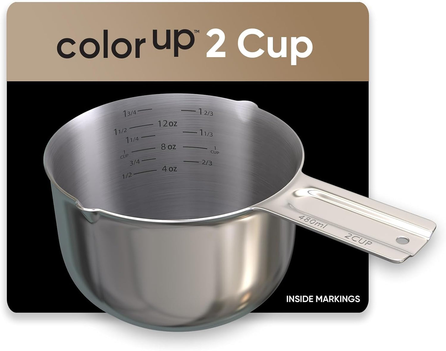 Color Up 2 Cup Measuring Cup, 480ml Stainless Steel Metal, Easy-Pour Spouts, Engraved Markings, Flat Base, Dishwasher Safe, for Dry and Liquid Ingredients