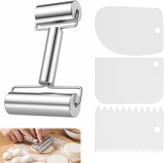 Stainless Steel Rolling Pin, Double Roller Pastry Pizza Dough Roller with 3Pcs Dough Scrapers, Non-Stick H-Shape Metal Kitchen Utensil for Baking Pie, Crust, Cookies, Pastries