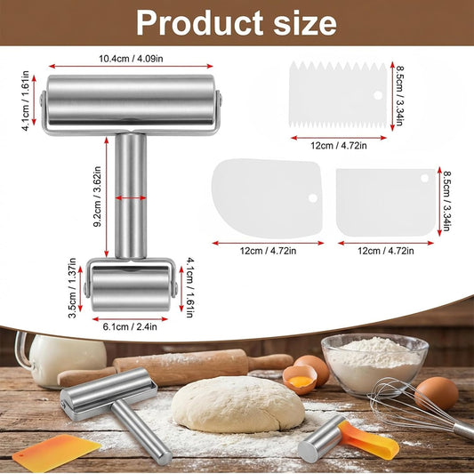 Stainless Steel Rolling Pin, Double Roller Pastry Pizza Dough Roller with 3Pcs Dough Scrapers, Non-Stick H-Shape Metal Kitchen Utensil for Baking Pie, Crust, Cookies, Pastries