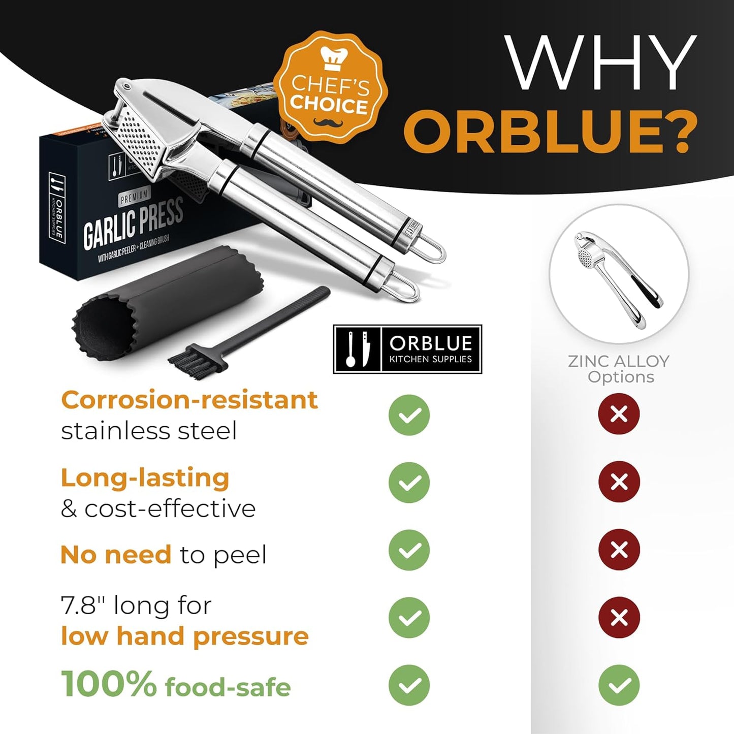 Garlic Press Stainless Steel - Premium Professional Grade Garlic Mincer, Crusher & Peeler Set - Easy Clean, Dishwasher Safe & Rust-proof