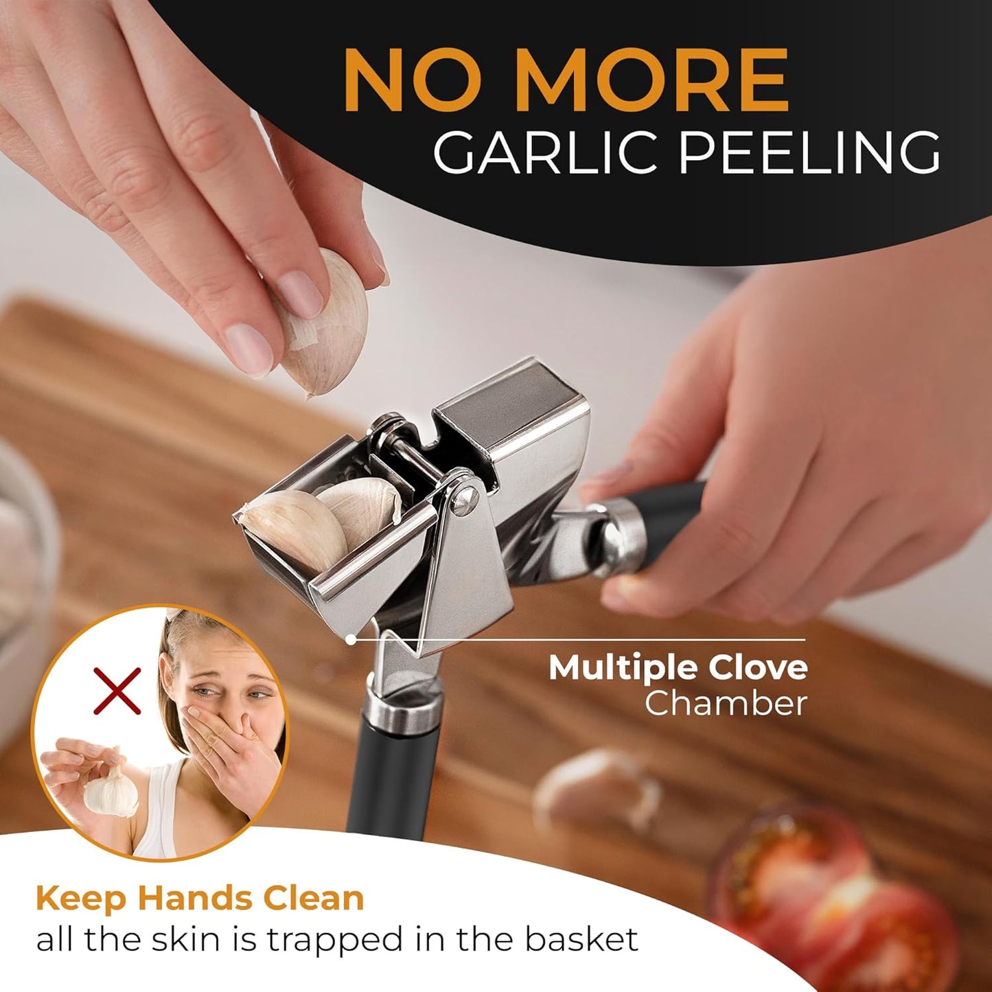 Garlic Press Stainless Steel - Premium Professional Grade Garlic Mincer, Crusher & Peeler Set - Easy Clean, Dishwasher Safe & Rust-proof