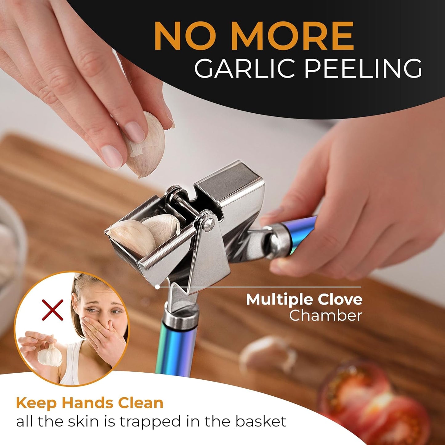 Garlic Press Stainless Steel - Premium Professional Grade Garlic Mincer, Crusher & Peeler Set - Easy Clean, Dishwasher Safe & Rust-proof