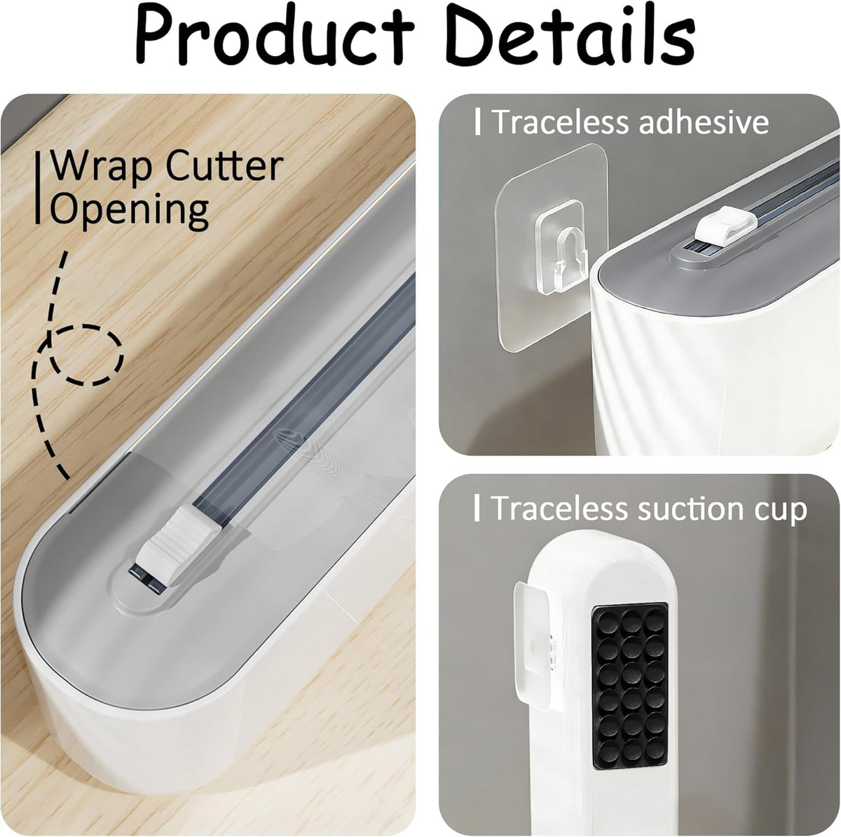Plastic Wrap Dispenser with Cutter, Gray and White, 15 Inch, Traceless Adhesive Mount, Kitchen Food Storage