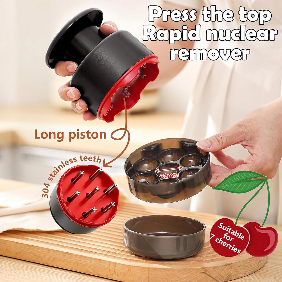 Cherry Pitter Tool 7-in-1 Stainless Steel Cherry Pitter with Splatter Guard, Easy Push Button Cherry Pitter Tool for Cherries Olives and Fruits, Food Grade Cherry Seed Remover