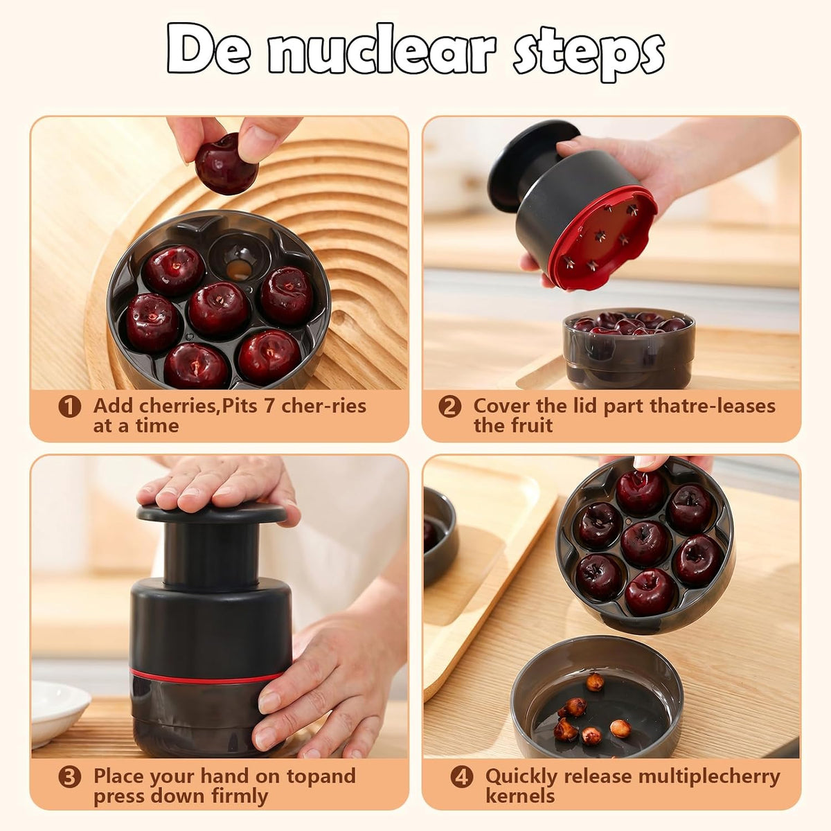 Cherry Pitter Tool 7-in-1 Stainless Steel Cherry Pitter with Splatter Guard, Easy Push Button Cherry Pitter Tool for Cherries Olives and Fruits, Food Grade Cherry Seed Remover