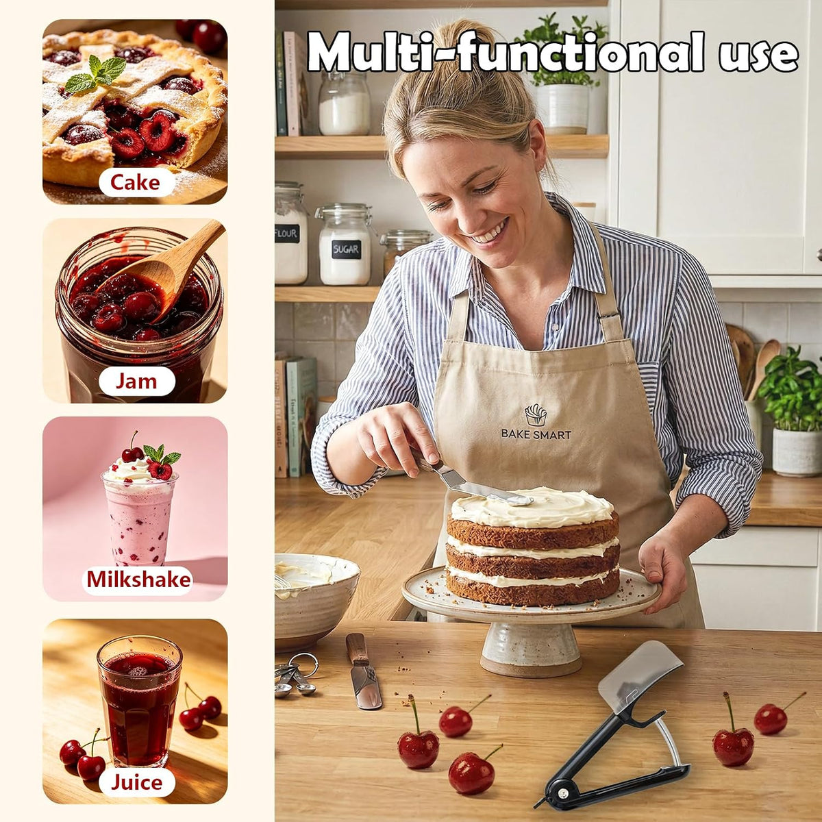 Cherry Pitter Tool 7-in-1 Stainless Steel Cherry Pitter with Splatter Guard, Easy Push Button Cherry Pitter Tool for Cherries Olives and Fruits, Food Grade Cherry Seed Remover