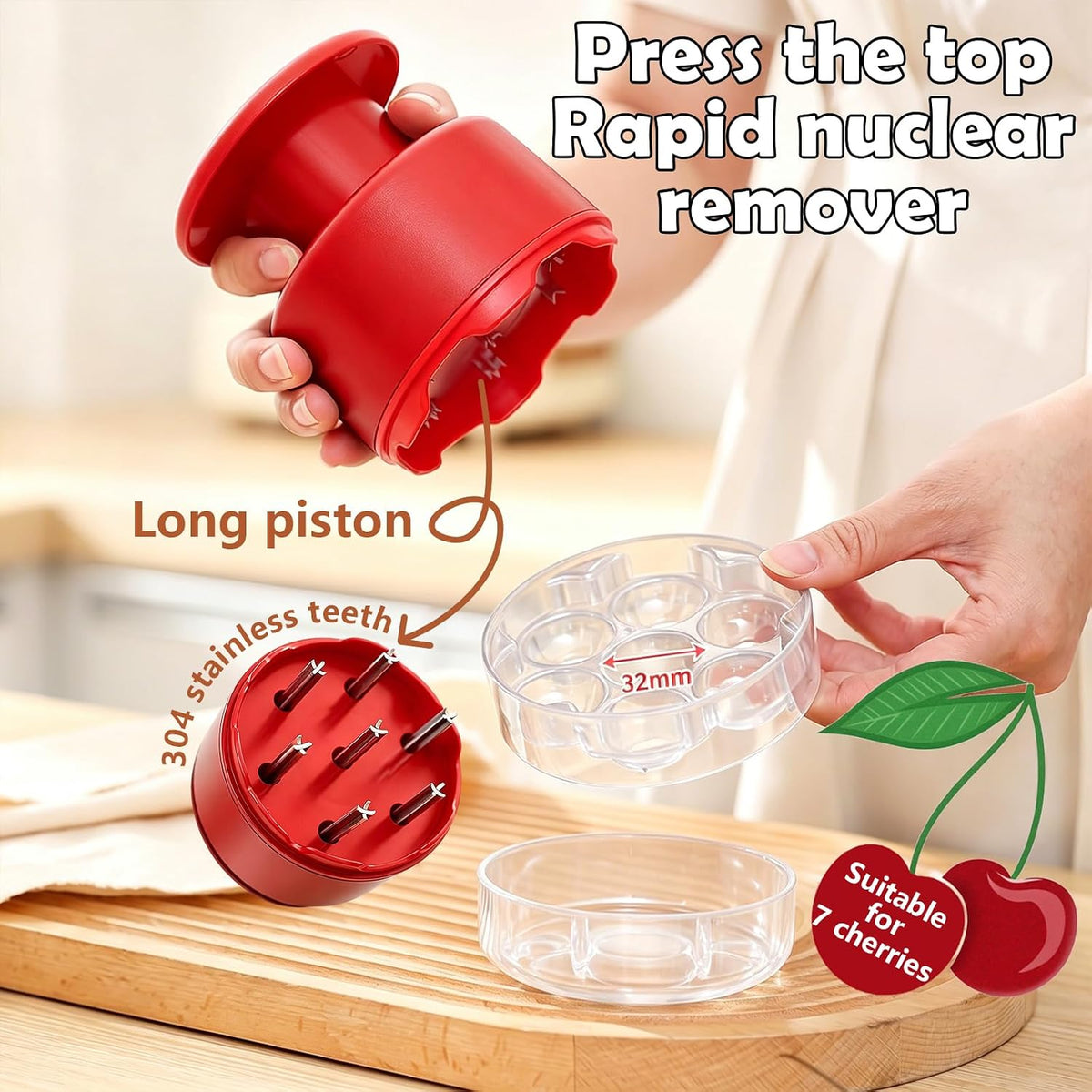 Cherry Pitter Tool 7-in-1 Stainless Steel Cherry Pitter with Splatter Guard, Easy Push Button Cherry Pitter Tool for Cherries Olives and Fruits, Food Grade Cherry Seed Remover