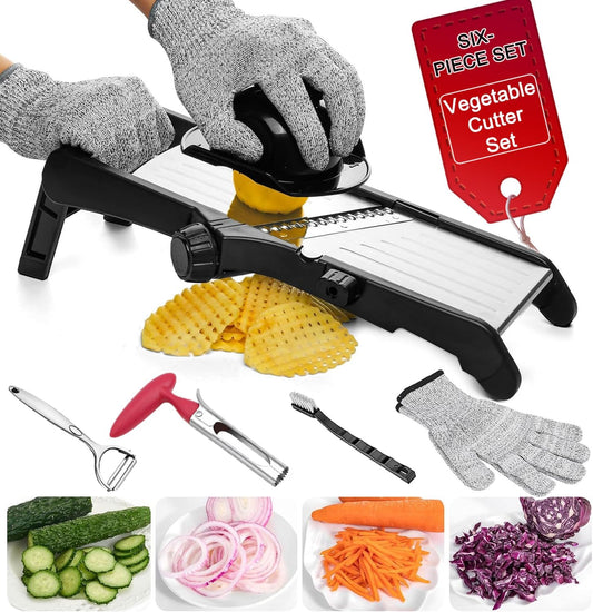 Mandoline Food Slicer for Kitchen, Adjustable Stainless Steel Mandoline Vegetable Slicer, Onion/Potato Slicer/French Fry Cutter, 6-Piece Fruit & Vegetable Cutting Set (Black/Silver)