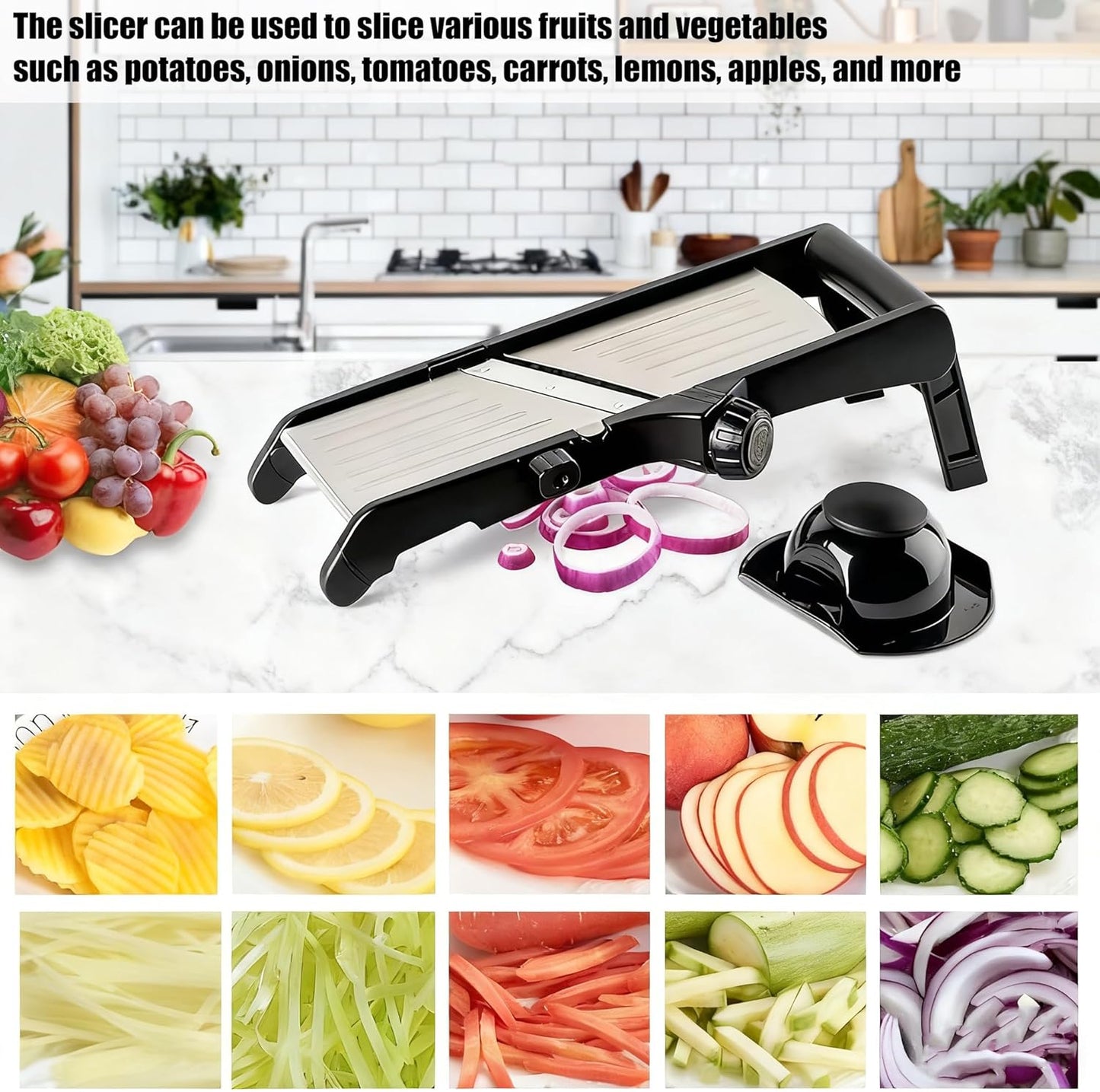 Mandoline Food Slicer for Kitchen, Adjustable Stainless Steel Mandoline Vegetable Slicer, Onion/Potato Slicer/French Fry Cutter, 6-Piece Fruit & Vegetable Cutting Set (Black/Silver)