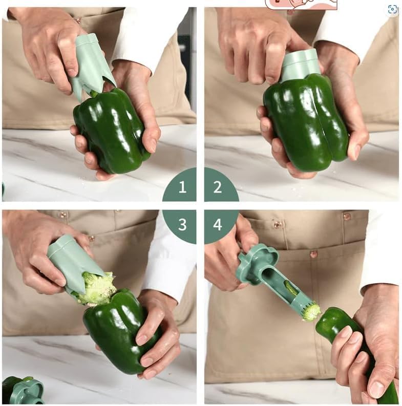 2-in-1 Bell Pepper Corer and Seed Remover Tool - Jalapeno and Vegetable Deseeder - Quick Fruit and Core Cutter for BBQ and Kitchen Use, Green Pepper Seed Remover Gadget (1PC, Green)