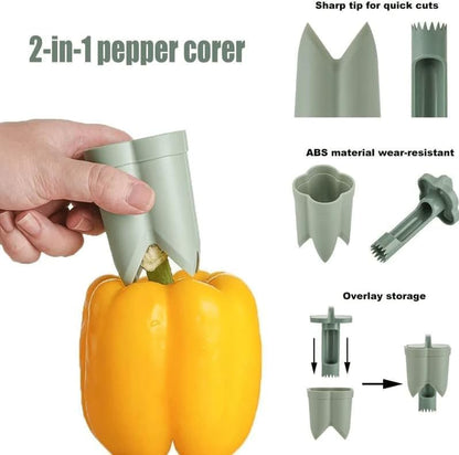 2-in-1 Bell Pepper Corer and Seed Remover Tool - Jalapeno and Vegetable Deseeder - Quick Fruit and Core Cutter for BBQ and Kitchen Use, Green Pepper Seed Remover Gadget (1PC, Green)