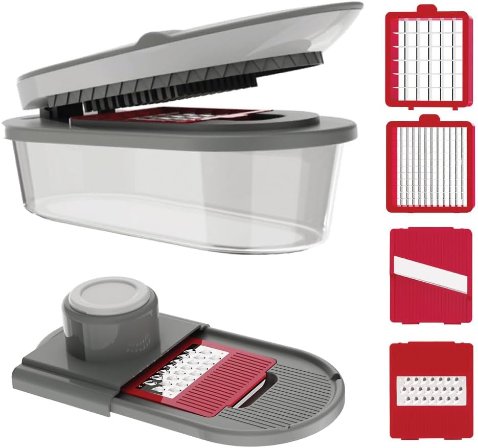 Vegetable Chopper and Mandoline Slicer with Container, 4 Stainless Steel Blades, BPA-Free Onion Chopper, Vegetable Cutter, French Fry Cutter, Dishwasher Safe Fruit Potato Dicer, Pink