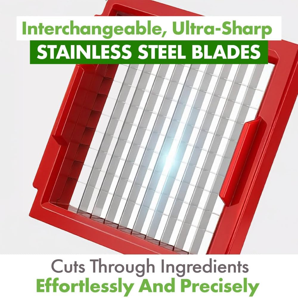 Vegetable Chopper and Mandoline Slicer with Container, 4 Stainless Steel Blades, BPA-Free Onion Chopper, Vegetable Cutter, French Fry Cutter, Dishwasher Safe Fruit Potato Dicer, Pink