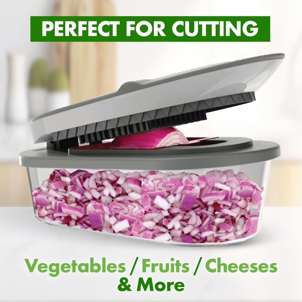 Vegetable Chopper and Mandoline Slicer with Container, 4 Stainless Steel Blades, BPA-Free Onion Chopper, Vegetable Cutter, French Fry Cutter, Dishwasher Safe Fruit Potato Dicer, Pink
