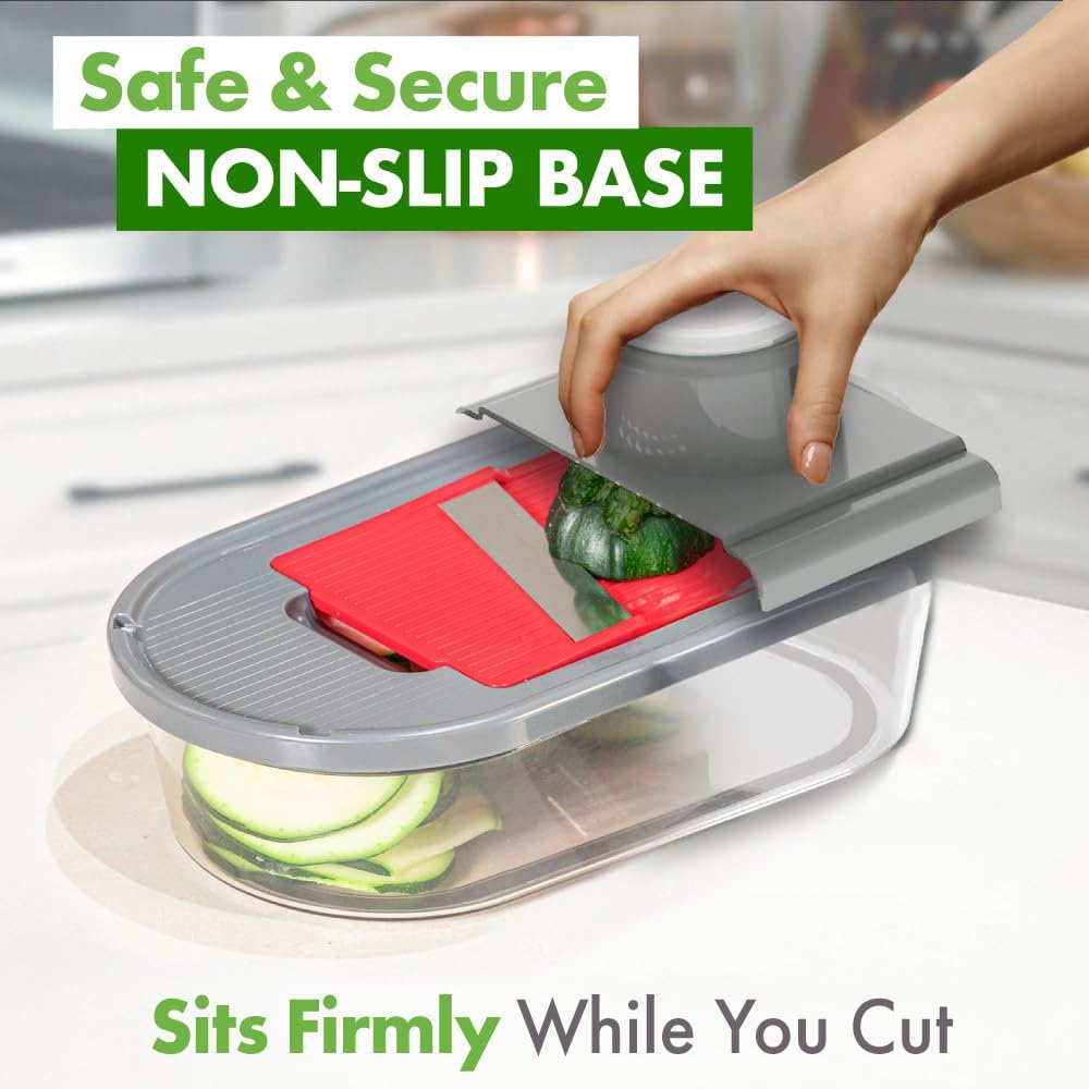 Vegetable Chopper and Mandoline Slicer with Container, 4 Stainless Steel Blades, BPA-Free Onion Chopper, Vegetable Cutter, French Fry Cutter, Dishwasher Safe Fruit Potato Dicer, Pink