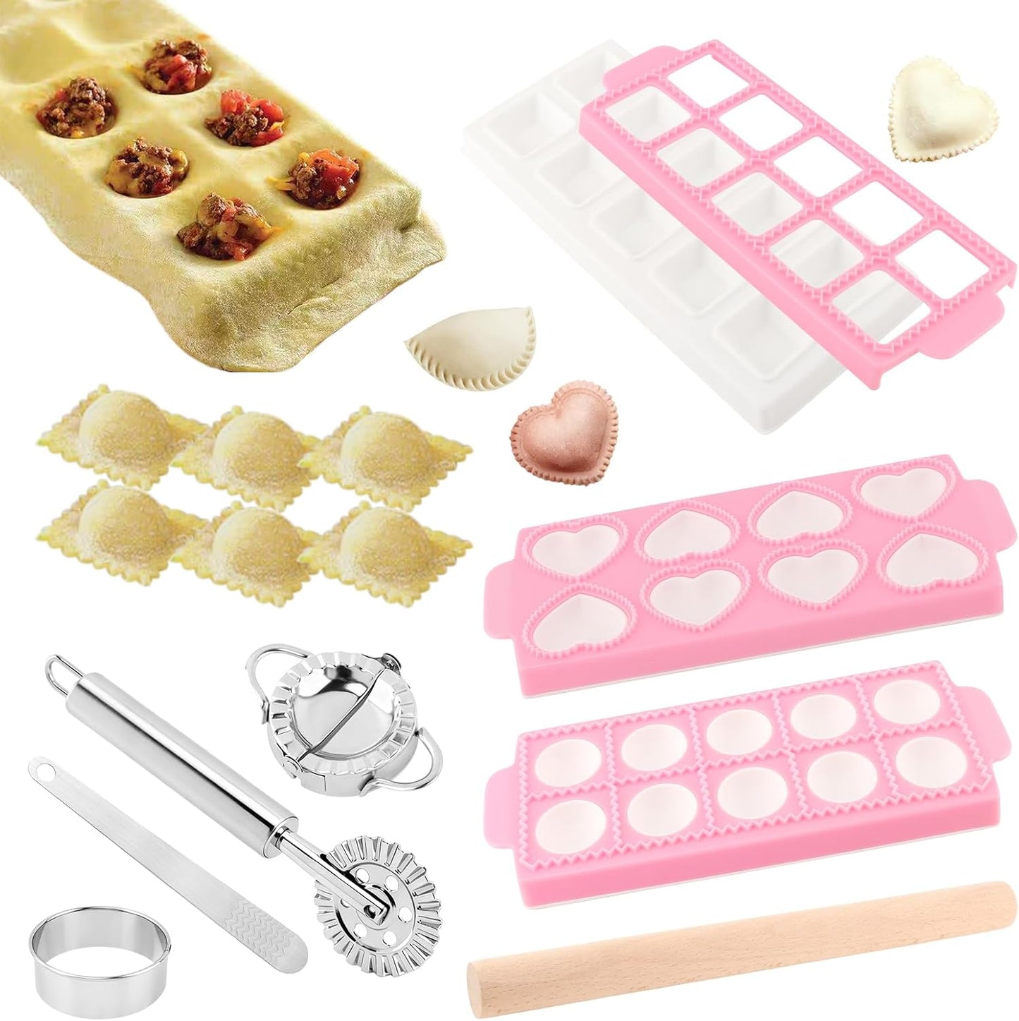 8PCS Ravioli Maker Press Set,Ravioli Stamp Maker Cutter with Wood Rolling Pin,Empanada Maker-Press,Ravioli Wheel and Stuffing Spoon,for Homemade Pasta,Dumpling,Pastry Kit(Pink)
