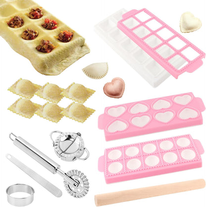 8PCS Ravioli Maker Press Set,Ravioli Stamp Maker Cutter with Wood Rolling Pin,Empanada Maker-Press,Ravioli Wheel and Stuffing Spoon,for Homemade Pasta,Dumpling,Pastry Kit(Pink)