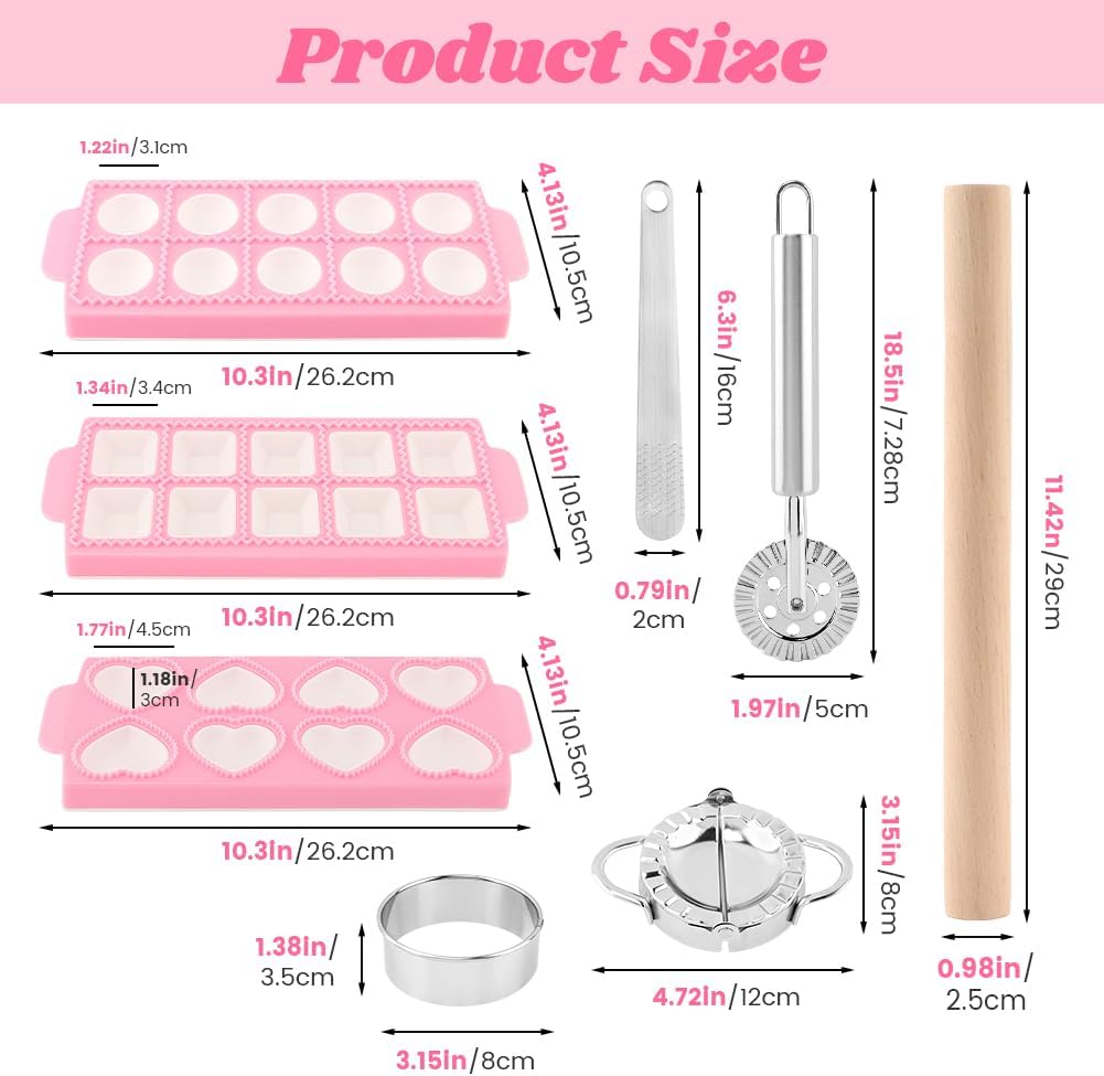 8PCS Ravioli Maker Press Set,Ravioli Stamp Maker Cutter with Wood Rolling Pin,Empanada Maker-Press,Ravioli Wheel and Stuffing Spoon,for Homemade Pasta,Dumpling,Pastry Kit(Pink)