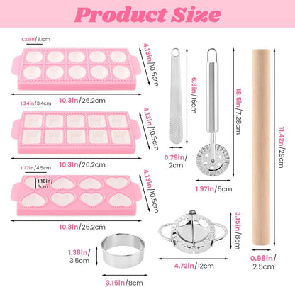 8PCS Ravioli Maker Press Set,Ravioli Stamp Maker Cutter with Wood Rolling Pin,Empanada Maker-Press,Ravioli Wheel and Stuffing Spoon,for Homemade Pasta,Dumpling,Pastry Kit(Pink)