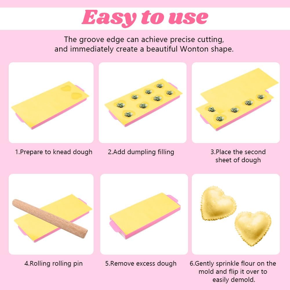8PCS Ravioli Maker Press Set,Ravioli Stamp Maker Cutter with Wood Rolling Pin,Empanada Maker-Press,Ravioli Wheel and Stuffing Spoon,for Homemade Pasta,Dumpling,Pastry Kit(Pink)