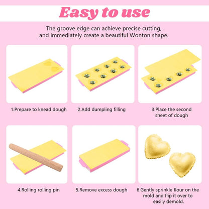 8PCS Ravioli Maker Press Set,Ravioli Stamp Maker Cutter with Wood Rolling Pin,Empanada Maker-Press,Ravioli Wheel and Stuffing Spoon,for Homemade Pasta,Dumpling,Pastry Kit(Pink)