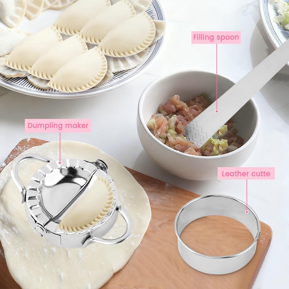 8PCS Ravioli Maker Press Set,Ravioli Stamp Maker Cutter with Wood Rolling Pin,Empanada Maker-Press,Ravioli Wheel and Stuffing Spoon,for Homemade Pasta,Dumpling,Pastry Kit(Pink)