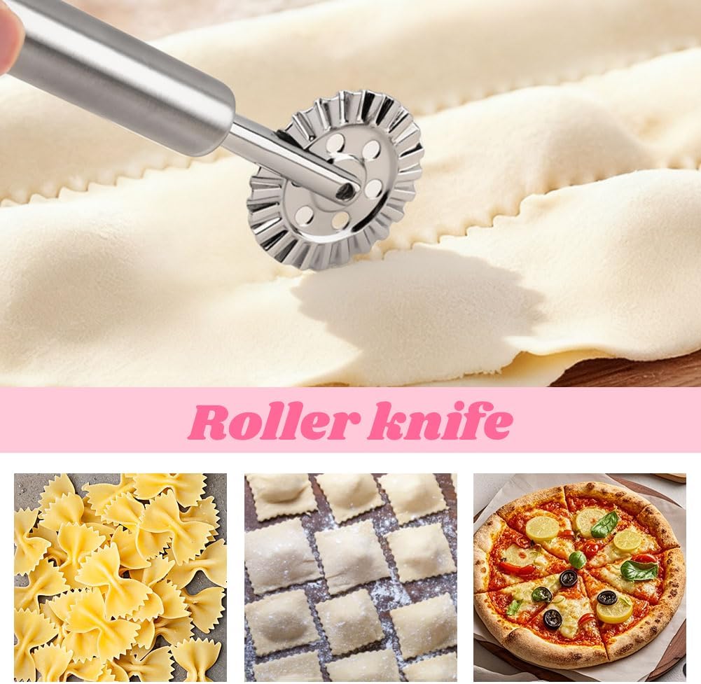 8PCS Ravioli Maker Press Set,Ravioli Stamp Maker Cutter with Wood Rolling Pin,Empanada Maker-Press,Ravioli Wheel and Stuffing Spoon,for Homemade Pasta,Dumpling,Pastry Kit(Pink)