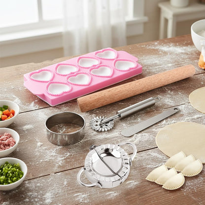8PCS Ravioli Maker Press Set,Ravioli Stamp Maker Cutter with Wood Rolling Pin,Empanada Maker-Press,Ravioli Wheel and Stuffing Spoon,for Homemade Pasta,Dumpling,Pastry Kit(Pink)