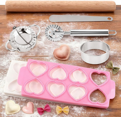8PCS Ravioli Maker Press Set,Ravioli Stamp Maker Cutter with Wood Rolling Pin,Empanada Maker-Press,Ravioli Wheel and Stuffing Spoon,for Homemade Pasta,Dumpling,Pastry Kit(Pink)