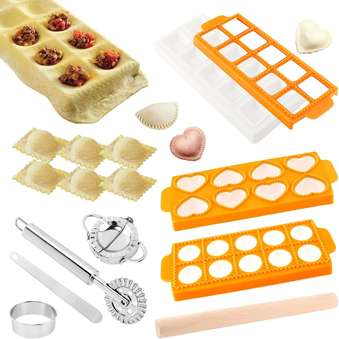 8PCS Ravioli Maker Press Set,Ravioli Stamp Maker Cutter with Wood Rolling Pin,Empanada Maker-Press,Ravioli Wheel and Stuffing Spoon,for Homemade Pasta,Dumpling,Pastry Kit(Pink)