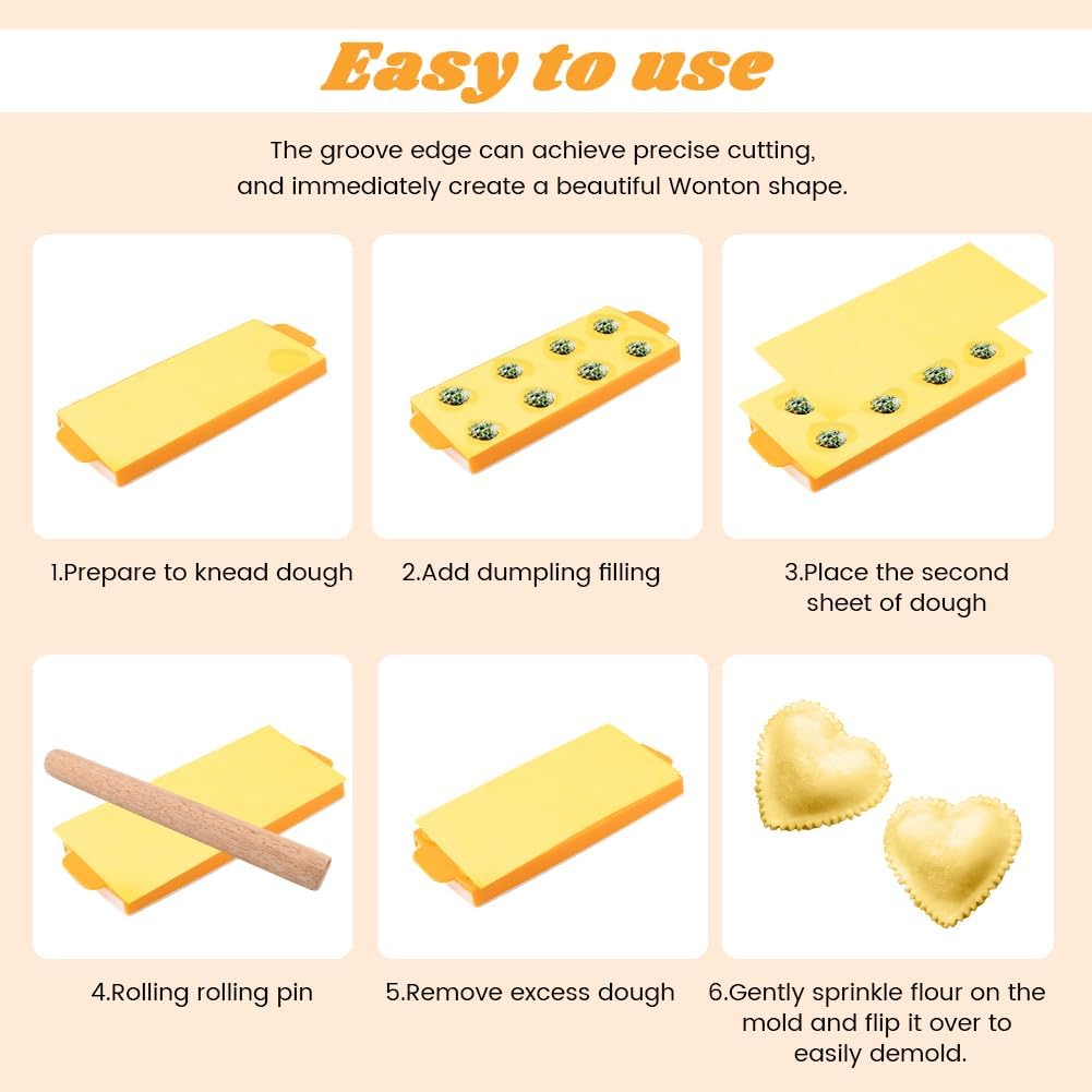 8PCS Ravioli Maker Press Set,Ravioli Stamp Maker Cutter with Wood Rolling Pin,Empanada Maker-Press,Ravioli Wheel and Stuffing Spoon,for Homemade Pasta,Dumpling,Pastry Kit(Pink)