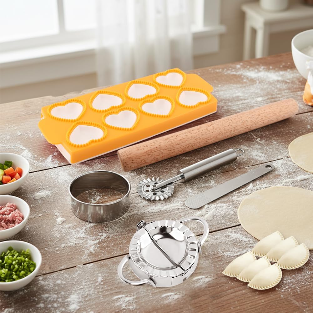 8PCS Ravioli Maker Press Set,Ravioli Stamp Maker Cutter with Wood Rolling Pin,Empanada Maker-Press,Ravioli Wheel and Stuffing Spoon,for Homemade Pasta,Dumpling,Pastry Kit(Pink)