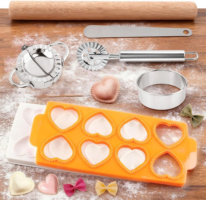 8PCS Ravioli Maker Press Set,Ravioli Stamp Maker Cutter with Wood Rolling Pin,Empanada Maker-Press,Ravioli Wheel and Stuffing Spoon,for Homemade Pasta,Dumpling,Pastry Kit(Pink)