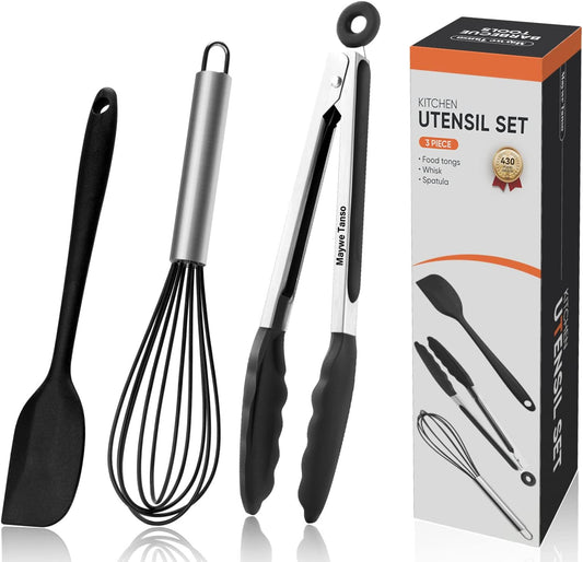 3PCS Silicone Cooking Utensil Set,Non Stick Kitchen Tool, Black | Silicone Tongs for Cooking/Whisk/Silicone Spatula,Kitchen Utensils for Non-stick Cookware | Heat Resistant | Dishawasher Safe