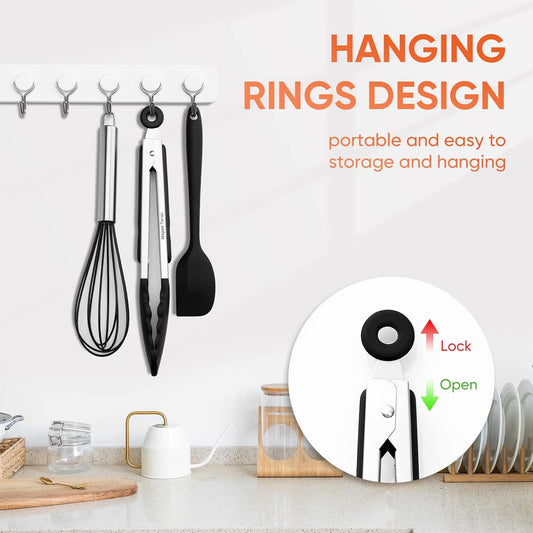3PCS Silicone Cooking Utensil Set,Non Stick Kitchen Tool, Black | Silicone Tongs for Cooking/Whisk/Silicone Spatula,Kitchen Utensils for Non-stick Cookware | Heat Resistant | Dishawasher Safe