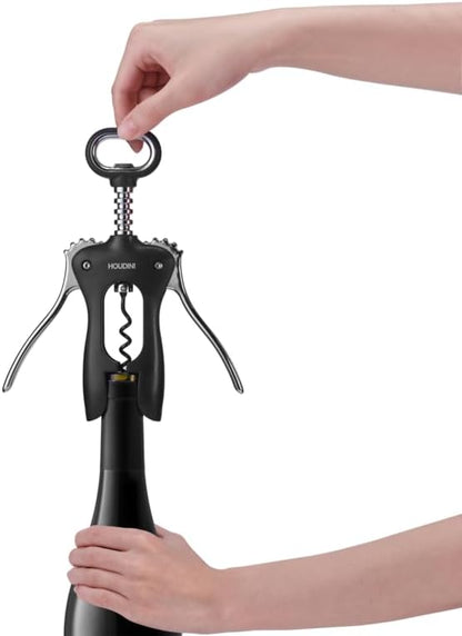 Houdini Wing Corkscrew Wine Bottle Opener, Stainless Steel Non-Stick Spiral, Dishwasher Safe, Clamps Securely onto Bottle, Will Not Crumble Corks