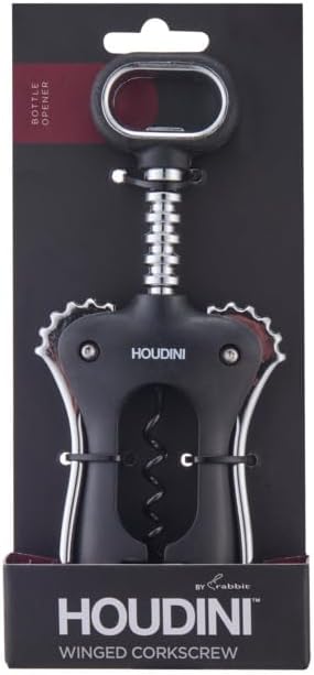 Houdini Wing Corkscrew Wine Bottle Opener, Stainless Steel Non-Stick Spiral, Dishwasher Safe, Clamps Securely onto Bottle, Will Not Crumble Corks
