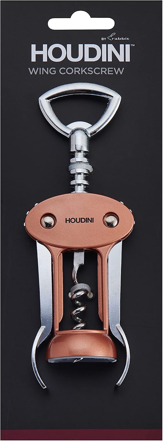 Houdini Wing Corkscrew Wine Bottle Opener, Stainless Steel Non-Stick Spiral, Dishwasher Safe, Clamps Securely onto Bottle, Will Not Crumble Corks
