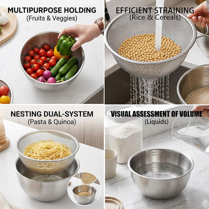 18/8 Stainless Steel Colander with Mixing Bowl, 3.5QT | 1 nesting mixing bowls with measurement marks and 1 fine 30-mesh strainers for rice,vegetables, pasta, baking, and food prep