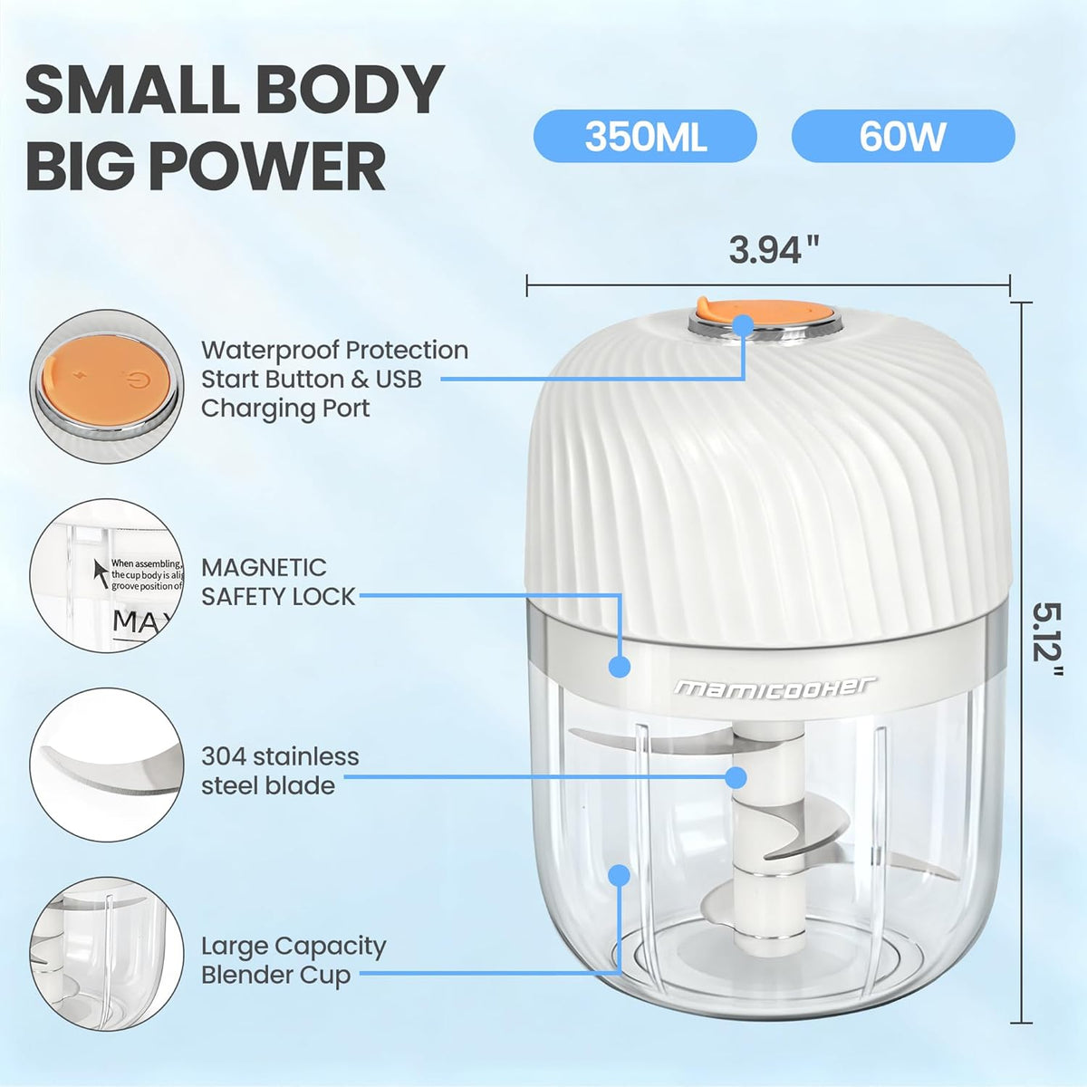 Electric Garlic Chopper 250ML, Mini USB Rechargeable Veggie Chopper, Cordless Garlic Mincer Onion Chopper Food Chopper for Ginger Chili Meat Sauce, Wireless Food Processor, White