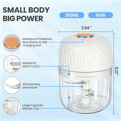Electric Garlic Chopper 250ML, Mini USB Rechargeable Veggie Chopper, Cordless Garlic Mincer Onion Chopper Food Chopper for Ginger Chili Meat Sauce, Wireless Food Processor, White