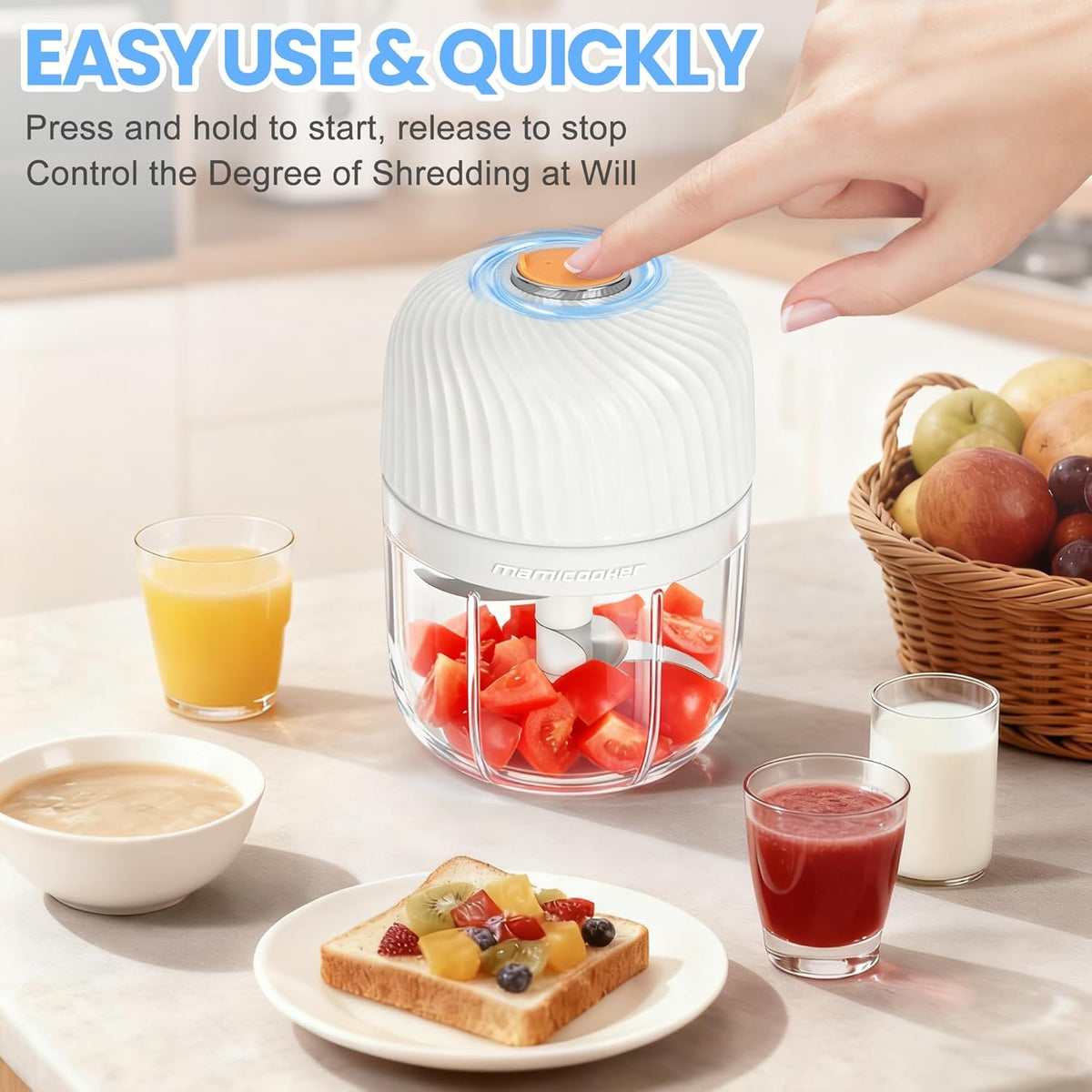 Electric Garlic Chopper 250ML, Mini USB Rechargeable Veggie Chopper, Cordless Garlic Mincer Onion Chopper Food Chopper for Ginger Chili Meat Sauce, Wireless Food Processor, White