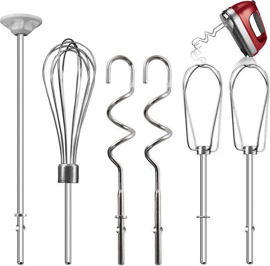 Hand Mixer Beater Attachments for Kitchenaid, Whisk, Dough Hooks, and Liquid Blending Rod, Stainless Steel Accessories fits Hand Mixers KHM3/5/7/9, KHM926/512, Set of 6