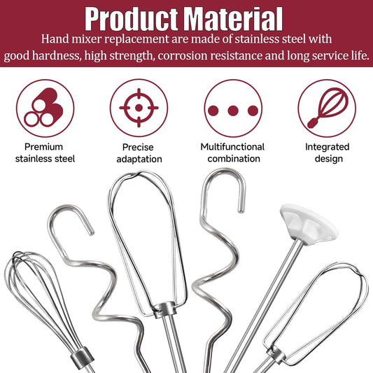 Hand Mixer Beater Attachments for Kitchenaid, Whisk, Dough Hooks, and Liquid Blending Rod, Stainless Steel Accessories fits Hand Mixers KHM3/5/7/9, KHM926/512, Set of 6