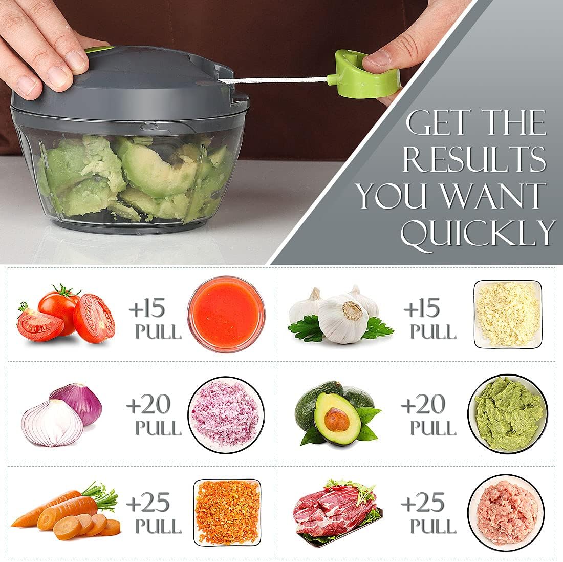 Manual Food Processor Vegetable Chopper, Portable Hand Pull String Garlic Mincer Onion Cutter for Veggies, Ginger, Fruits, Nuts, Herbs, etc., 500ml, Grey